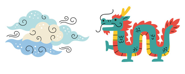 Obraz premium Traditional oriental dragon character with decorative auspicious clouds in traditional asian style isolated on white