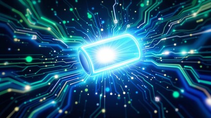 Glowing digital battery icon surrounded by vibrant blue and green electronic circuitry pathways and light trails