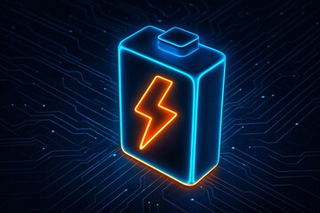 Glowing digital battery icon with vibrant orange lightning symbol signifying power recharge on dark circuit board