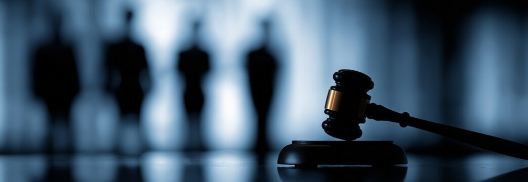 Gavel on Reflective Surface with Background Silhouettes of Lawyers