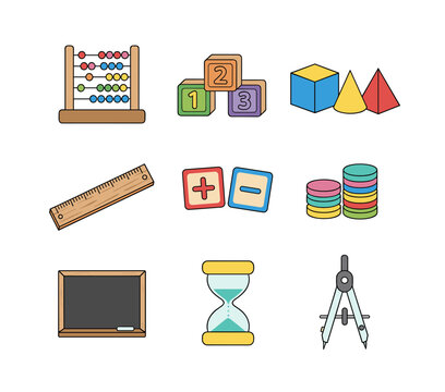 Mathematics and education tools set with abacus blocks shapes ruler chalkboard hourglass and drawing compass instrument