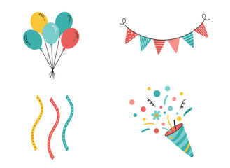 Celebration Party Decorations Set with Colorful Balloons Bunting Flags Streamers and Confetti Poppers Vector Design Elements