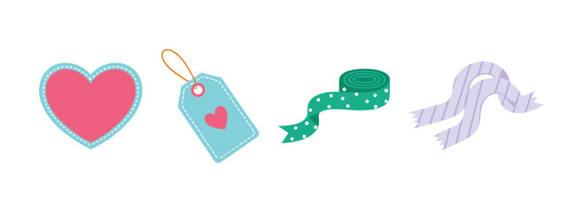 Fototapeta premium Decorative celebration elements including pink heart paper gift tag green polka dot ribbon and striped purple scarf for party DIY