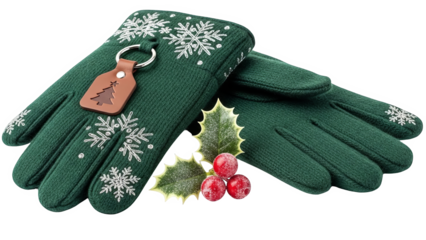 Festive Green Winter Gloves With Snowflakes Christmas Tree Charm Holly