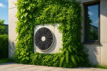 Air conditioning unit blends with vibrant green living wall next to modern building exterior.