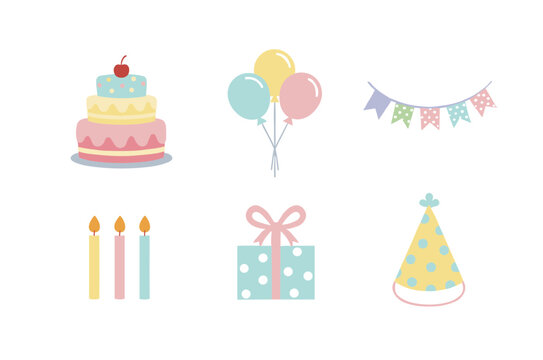 Birthday celebration icons set with three tier cake balloons party hat candles gift box and colorful bunting flags for anniversary