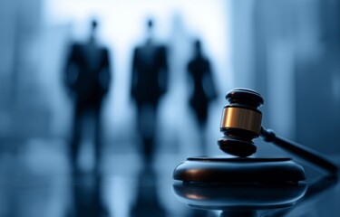 Gavel on Reflective Surface with Background Silhouettes of Lawyers