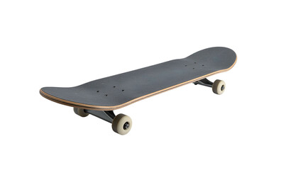 An angled studio shot of a skateboard with a dark gray grip tape, wood deck, and off-white wheels, against a black backdrop