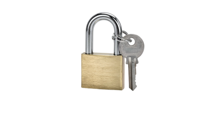 An open metal padlock with a key, set against a stark black background. The key rests beside the open shackle, suggesting access