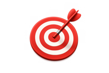 Red dart hitting the bullseye on a target board, symbolizing success, aiming for goals, accurate marketing strategy, and business achievement