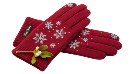 Festive Red Winter Gloves With Snowflake Design And Mistletoe