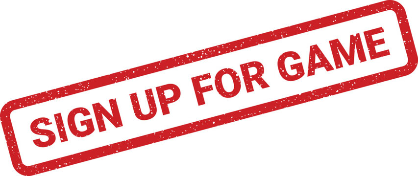 Grungy rectangular stamp for game registration, inviting players to join an upcoming match or tournament event