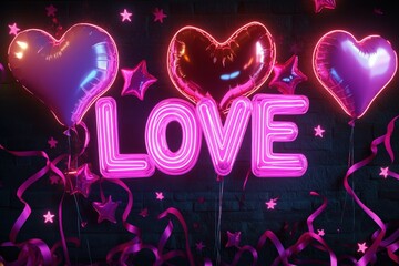 Illuminated text spelling out affection is surrounded by heart shaped balloons and swirling ribbons