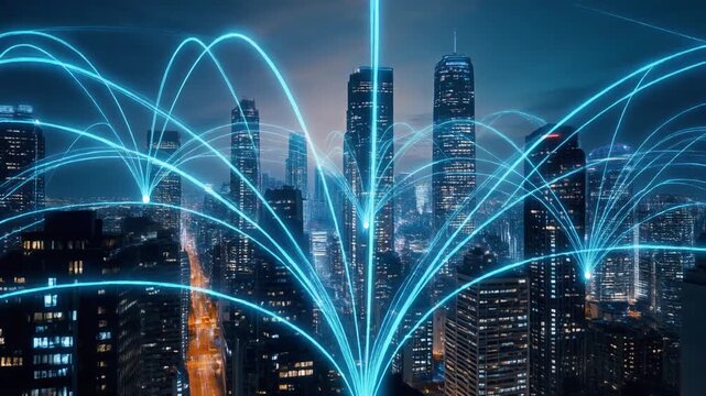 Glowing blue lines emanate upwards over a dark cityscape with buildings and intersecting horizontal lines visible