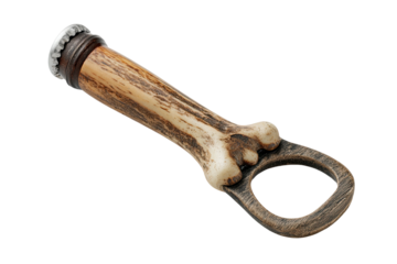 Antler-handled bottle opener, metal ring; rustic, isolated