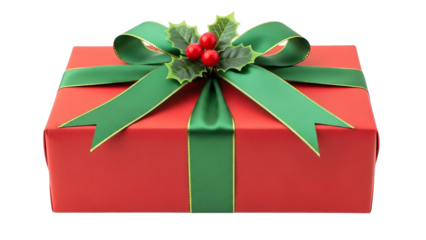 Isolated Red Christmas Gift Box With Green Ribbon And Holly
