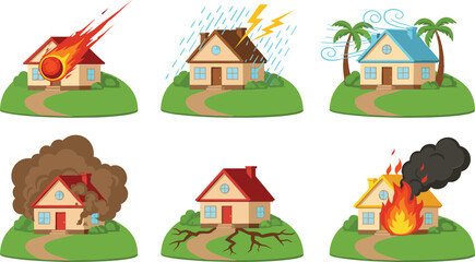 Collection of natural disaster icons showing house fire earthquake meteor strike lightning storm flood and hurricane for insurance concept © Bappi