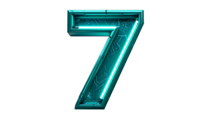 Digit seven rendered in a futuristic, neon style. Metallic frame encases a glowing cyan light, isolated on black