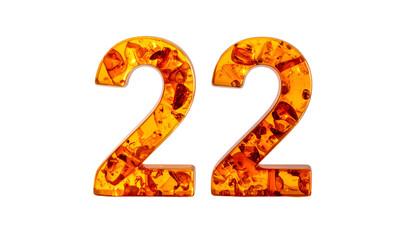 Digit "22" isolated on black background, showcasing an amber-like texture with embedded crystalline structures, rendered with a glossy finish