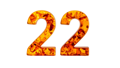 Digit "22" isolated on black background, showcasing an amber-like texture with embedded crystalline structures, rendered with a glossy finish
