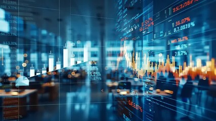 Abstract financial data overlaying a modern office interior, representing business analytics and economic growth. - Powered by Adobe