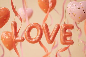 Three dimensional inflated letters spelling love hang suspended amidst heart shaped balloons and curling ribbons