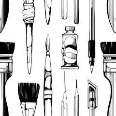 Seamless pattern of hand-drawn art tools in line art, including pens, brushes and nibs and paints. Design for textile, fabric, packaging, decoupage, prints, souvenirs.