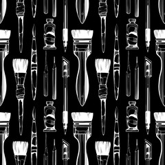 Seamless pattern of hand-drawn art tools in line art, including pens, brushes and nibs and paints. Design for textile, fabric, packaging, decoupage, prints, souvenirs.