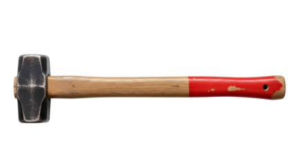 Heavy duty forging tool featuring a robust metal sledgehammer head attached to a worn wooden handle with a distinct bright red chipped paint finish at the grip end for powerful striking tasks.
