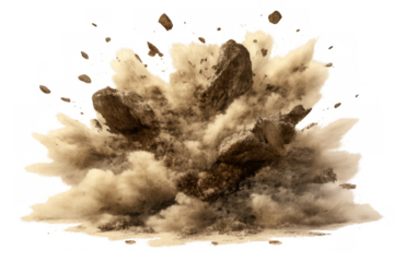 Explosion casting dust and debris, a powerful blast creating destruction, impact, and dynamic burst with transparent background