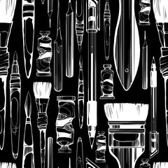 Seamless pattern of hand-drawn art tools in line art, including pens, brushes and nibs and paints. Design for textile, fabric, packaging, decoupage, prints, souvenirs.
