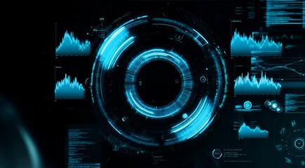 This video showcases a futuristic interface with glowing blue graphics and charts on a dark background. The abstract design creates a sense of high-tech innovation and digital advancement. The circula - Powered by Adobe