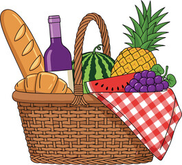 Wicker picnic basket filled with wine bottle baguette bread croissant watermelon pineapple and grapes with red checkered cloth napkin