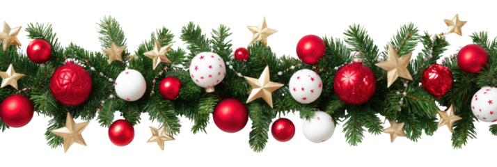 Festive garland with red balls & golden stars on green