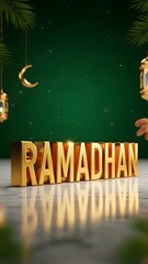 Gold &ldquo;Ramadhan&rdquo; 3D Text on Emerald Luxury Background