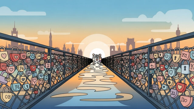 Colorful bridge with many locks and heart shapes in cityscape at sunset
