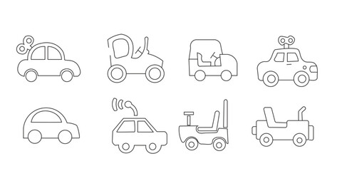 A set of seven simple line drawings of various vehicles