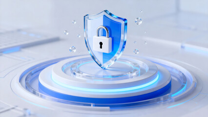 Blue and white cybersecurity shield illustration