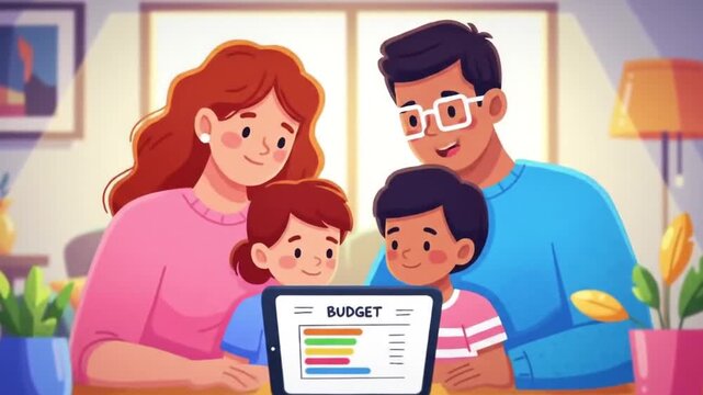 Family reviewing financial budget together illustrated cartoon style