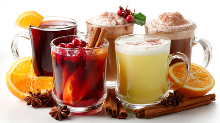 A vivid collection of warm beverages featuring orange, cranberry, and cocoa flavors, highlighted with cinnamon sticks, star anise, and whipped cream. Perfect for cozy family moments and festive winter