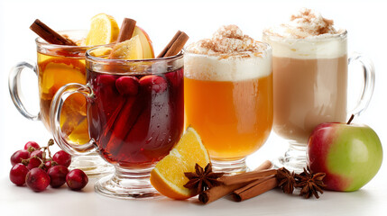 A vivid collection of warm beverages featuring orange, cranberry, and cocoa flavors, highlighted with cinnamon sticks, star anise, and whipped cream. Perfect for cozy family moments and festive winter