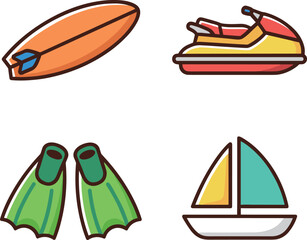 Summer water sports and beach activity equipment icons including surfboard, jet ski, flippers, and sailboat for vacation design. © 张锋