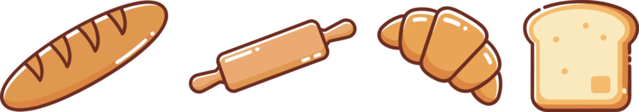 Bakery product icon set featuring French baguette, rolling pin, croissant, and sliced bread in flat line art style for cafe menus.