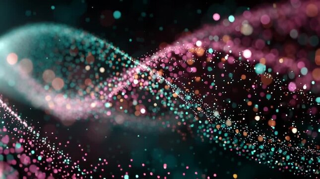 Ultra-detailed quantum wave function visualization merging with molecular structures, glowing particles and energy fields in pink, magenta and teal, dark cosmic background, futuristic scientific video