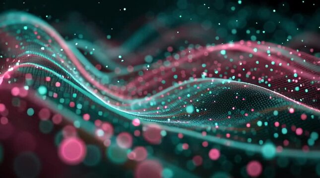 Ultra-detailed quantum wave function visualization merging with molecular structures, glowing particles and energy fields in pink, magenta and teal, dark cosmic background, futuristic scientific video