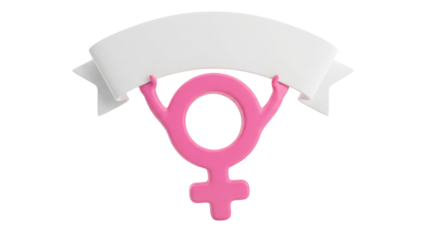 8 march womens day pink female gender symbol below a draped white banner or ribbon, isolated on a clean white background cutout