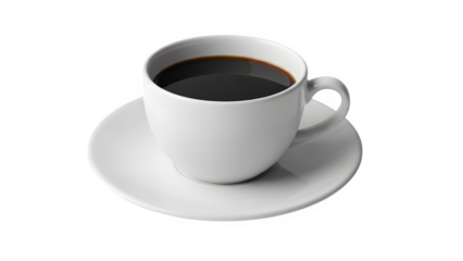 Simple white porcelain coffee cup filled with dark black espresso sits perfectly centered on a matching saucer isolated against a solid black background representing morning ritual.