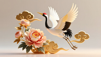 Fototapeta premium Elegant Chinese Crane and Peony Illustration