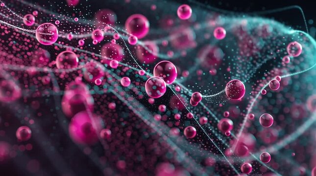 Ultra-detailed quantum wave function visualization merging with molecular structures, glowing particles and energy fields in pink, magenta and teal, dark cosmic background, futuristic scientific video