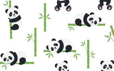 Cute Panda Seamless Pattern with Sleeping and Playing Cartoon Bears on Bamboo in Clean Flat Vector Illustration Style © Sumon Creative